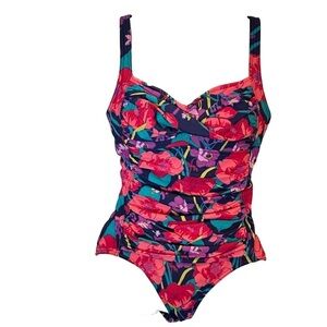 Lands End Slimming  Ruched Floral One Piece Swim Suit 10